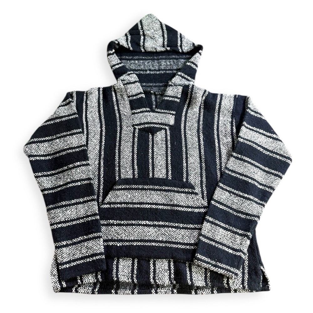 Mexican Black White Poncho Baja Hoodie Surfer Skater Pockets Pullover Size L